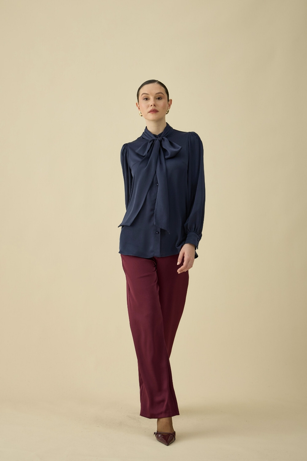 FULARLI SATEN BLUZ LACİVERT - 6