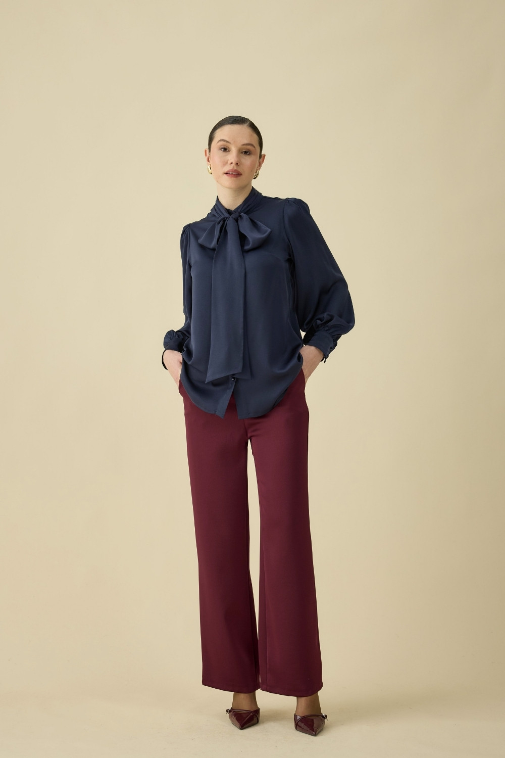 FULARLI SATEN BLUZ LACİVERT - 8