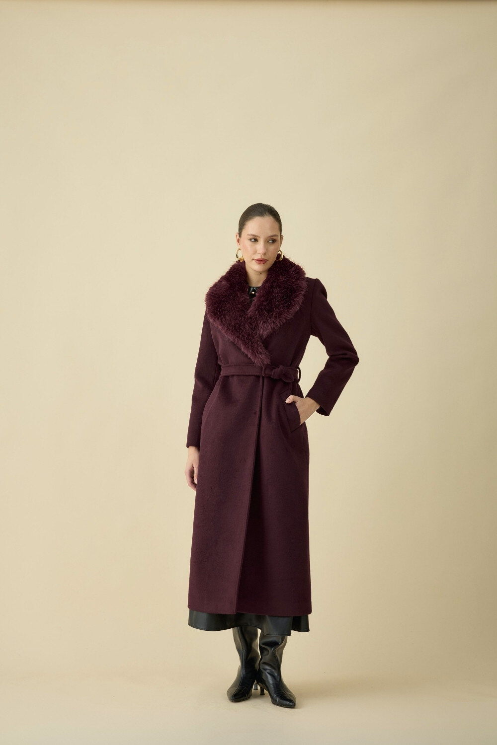 KÜRK YAKALI KABAN BORDO - 6