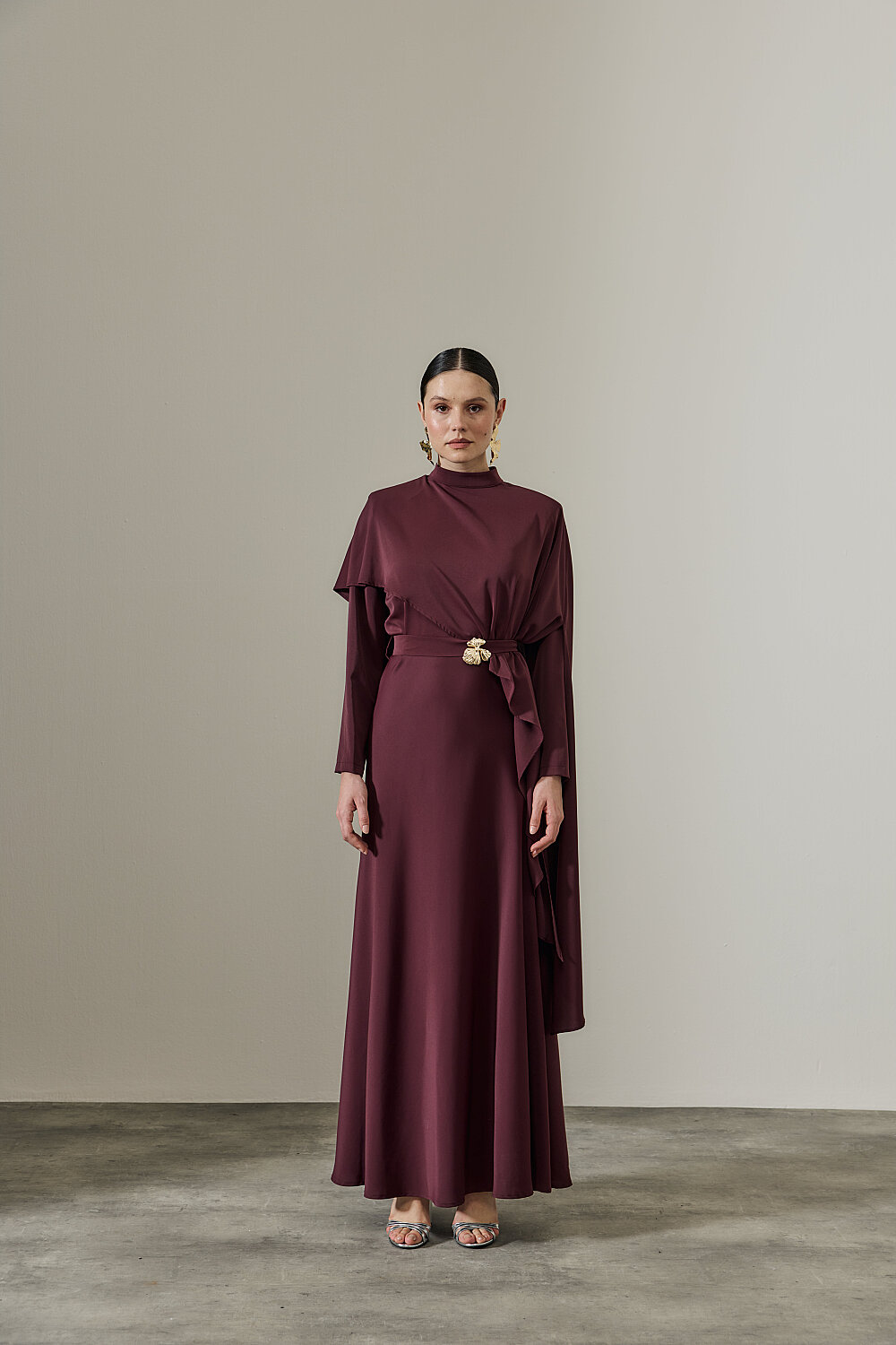 PELERİN DETAYLI ABİYE ELBİSE BORDO - 1